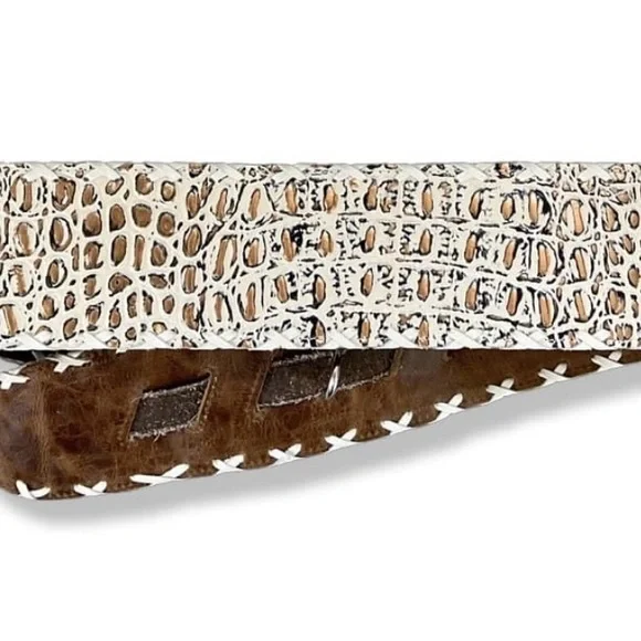 White and Brown Croc Embossed Belt, 3 inches wide - Picture 2 of 5